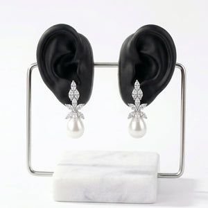 Sparkling Zircon Flower Pearl Drop Earrings