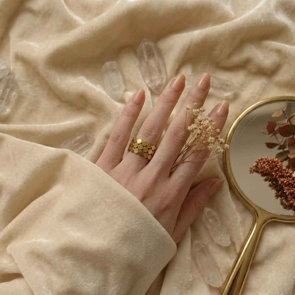 Textured Gold Disc Mesh Statement Ring