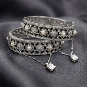 Royal Pearl & Black Zircon Openable Kada Bangles (Set of 2)