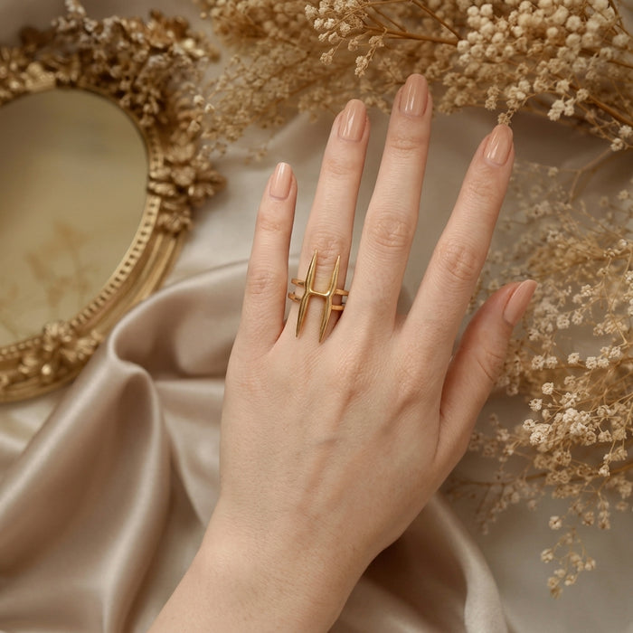 Geometric Spike Double-Band Statement Ring