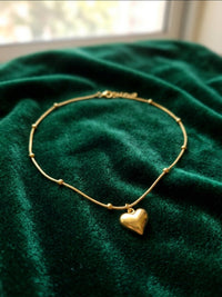 Golden Beaded Chain Elongated Heart Pendant Necklace