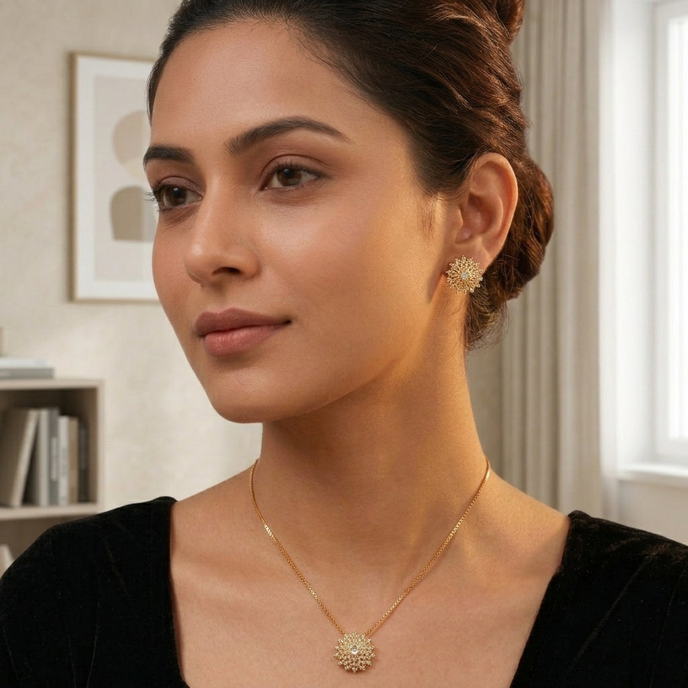 Sunburst Zircon Pendant & Earrings Jewelry Set