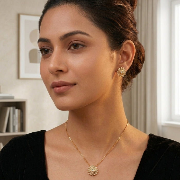 Sunburst Zircon Pendant & Earrings Jewelry Set