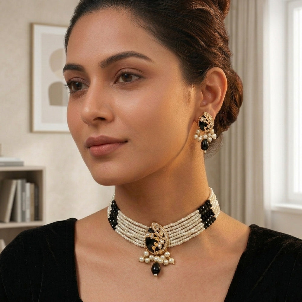 Royal Multi-Strand Pearl Choker & Earrings Set