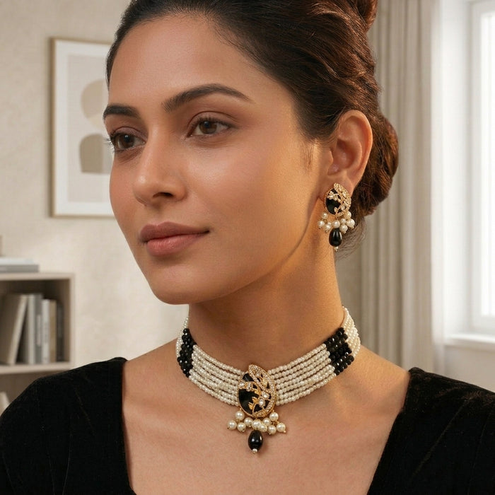 Royal Multi-Strand Pearl Choker & Earrings Set
