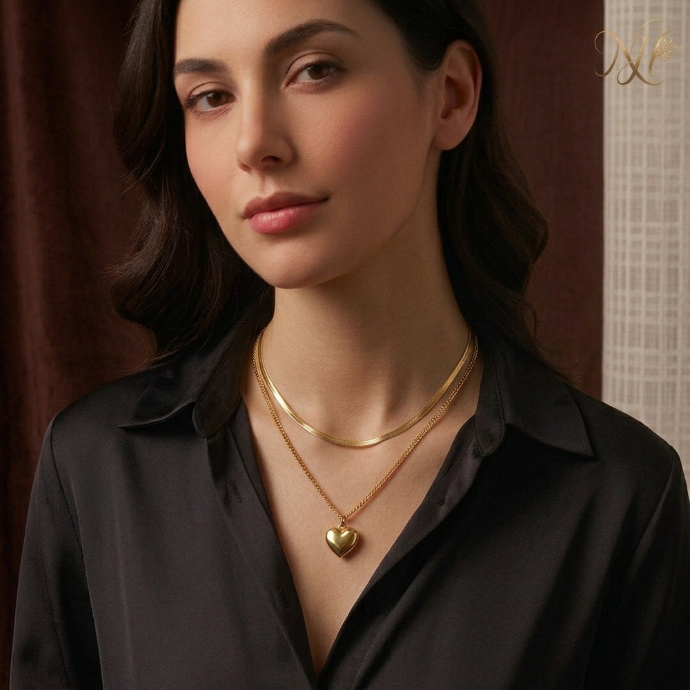Dual Layered Golden Puffy Heart Pendant Necklace