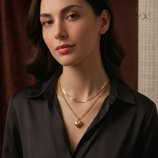Dual Layered Golden Puffy Heart Pendant Necklace