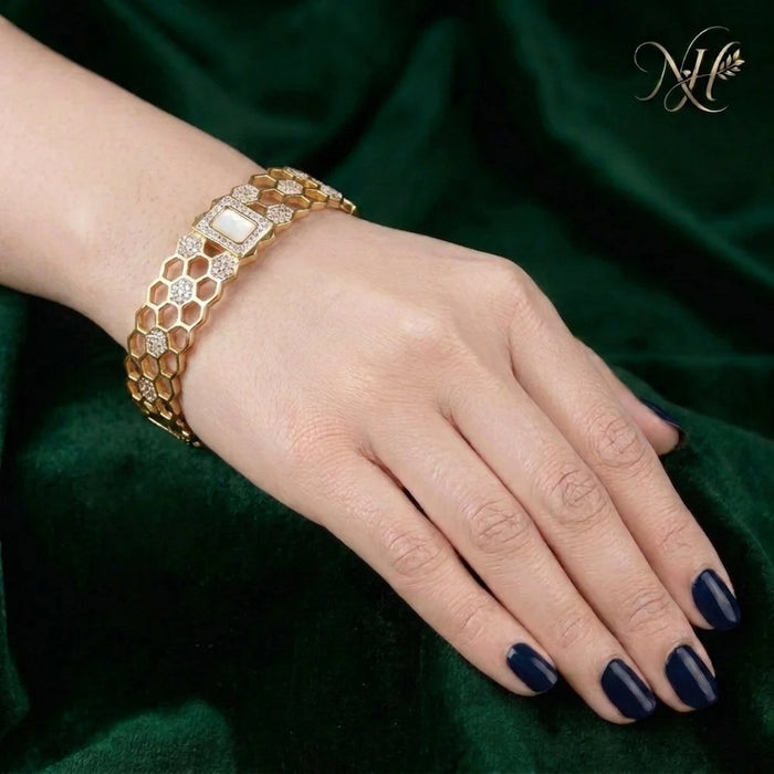 Luxe Honeycomb Zircon & Mother-of-Pearl Cuff Bangle