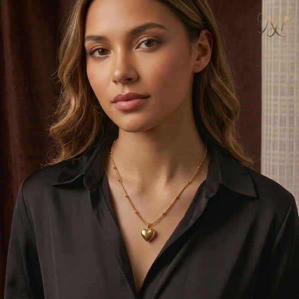 Golden Beaded Chain Elongated Heart Pendant Necklace
