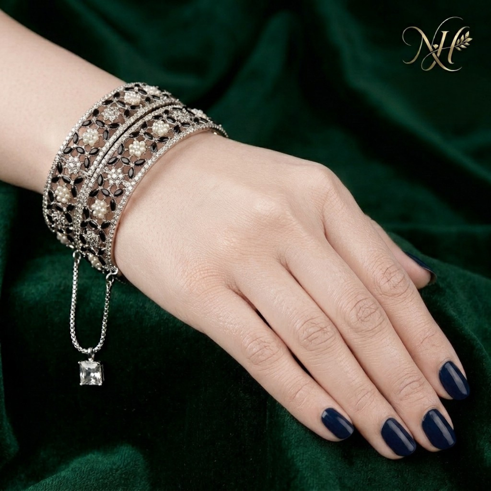Royal Pearl & Black Zircon Openable Kada Bangles (Set of 2)