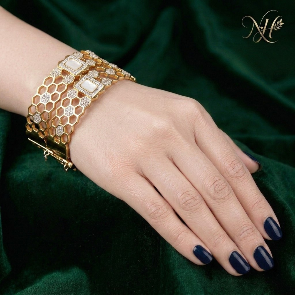 Luxe Honeycomb Zircon & Mother-of-Pearl Cuff Bangle